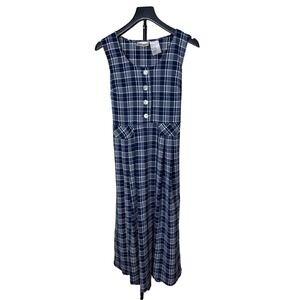 Kathie Lee Womens Navy Blue White Plaid Button Front Tie Back Maxi Dress Size 8‎